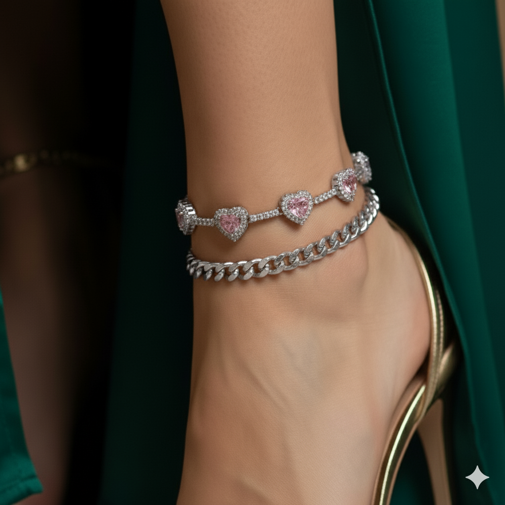 2pc Pink Heart & Cuban Anklet Set