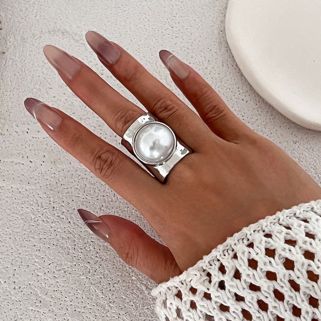 Punk Pearl Geometric Adjustable Ring