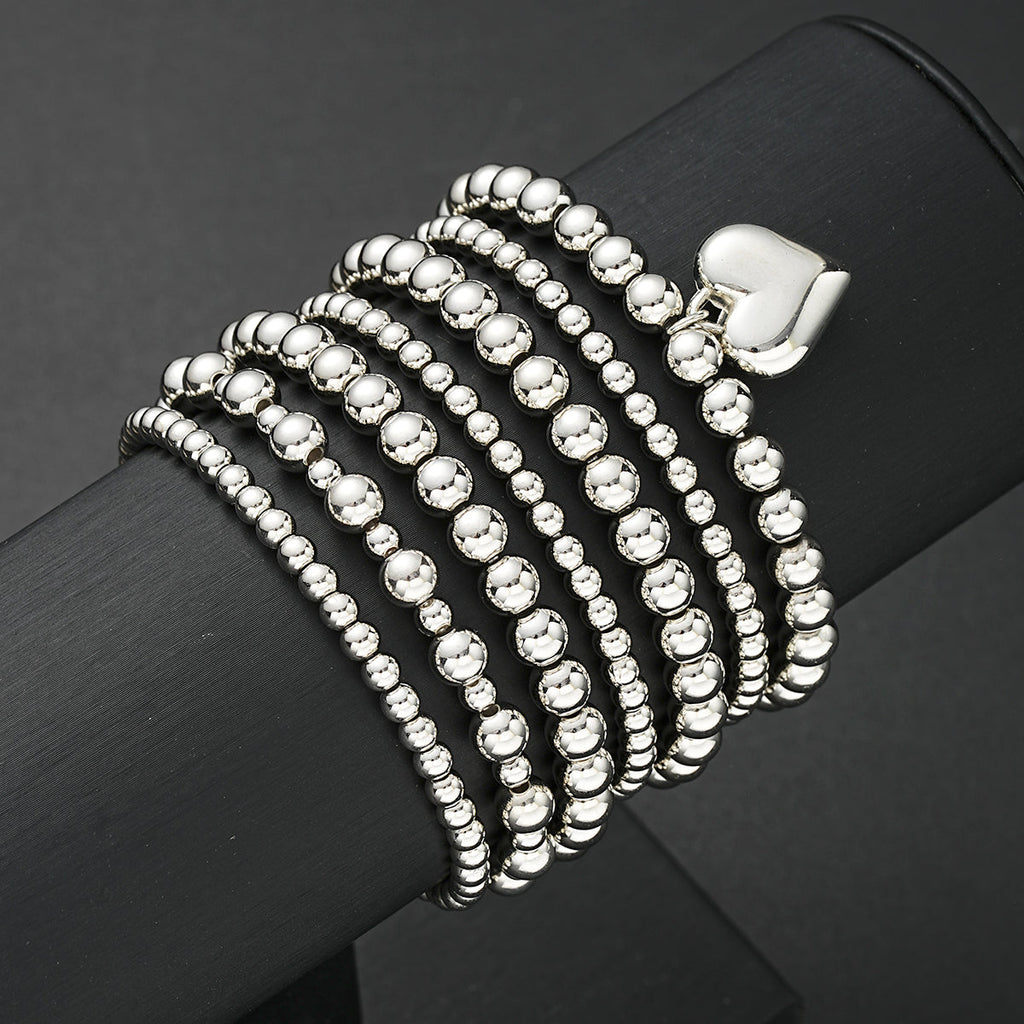 7pc Silver Heart Charm Beaded Bracelet Set