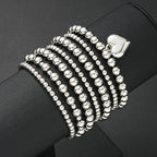 7pc Silver Heart Charm Beaded Bracelet Set