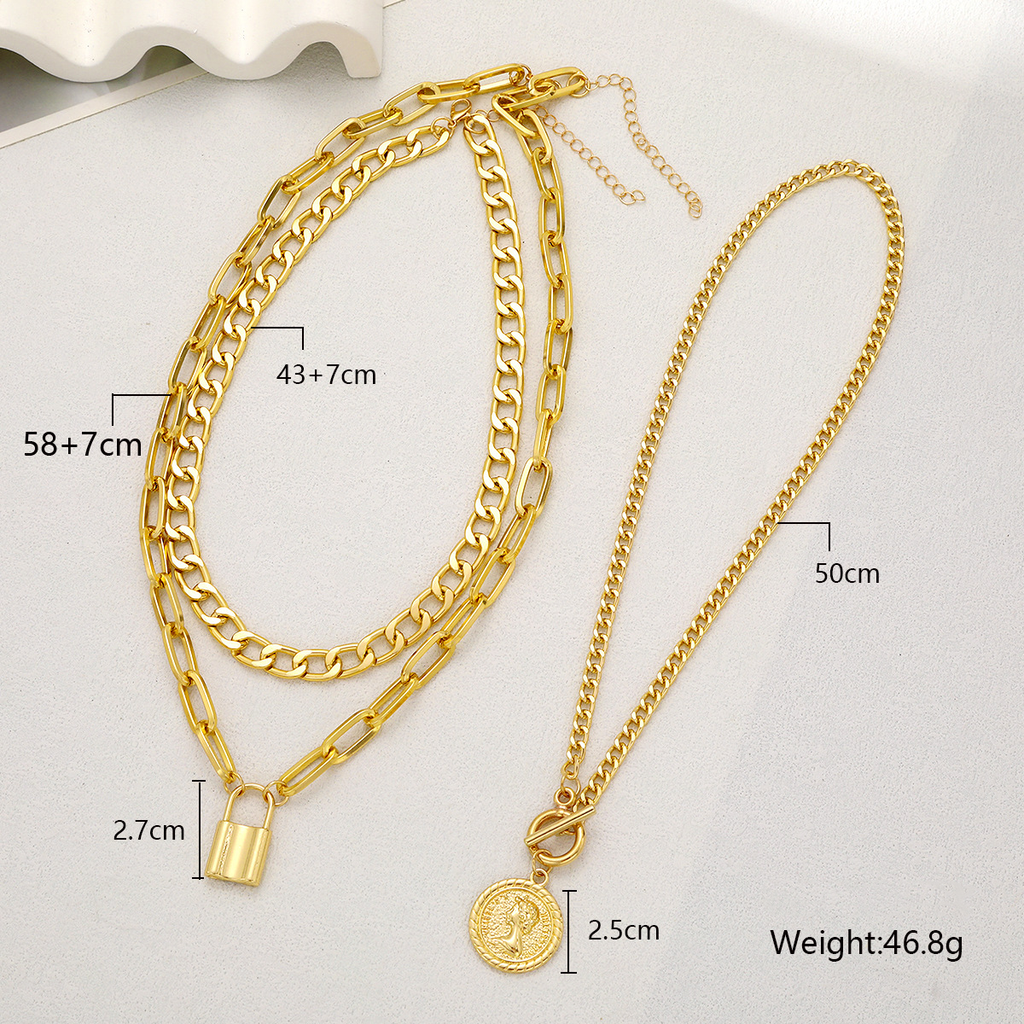 3pc Coin & Lock Pendant Chain Necklace Set