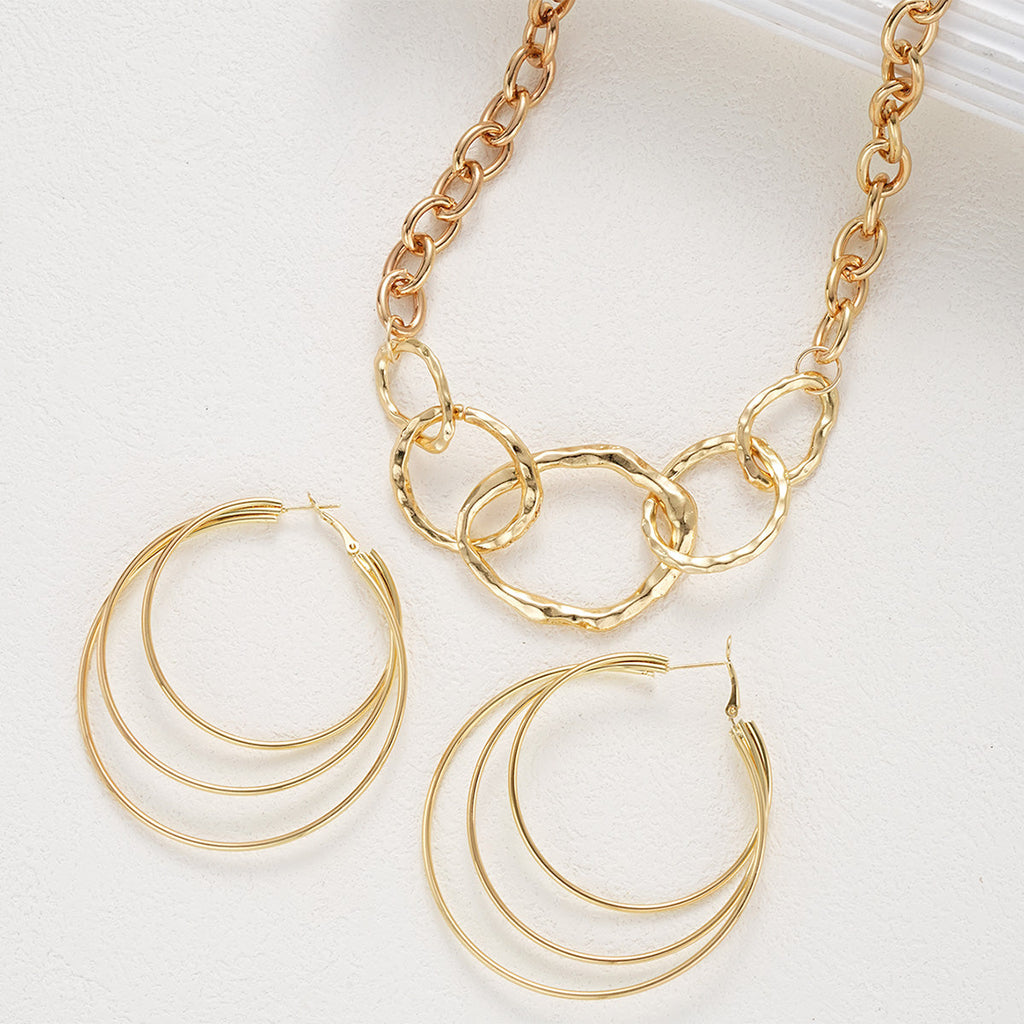 Chunky Hammered Link Necklace & Hoop Earring Set