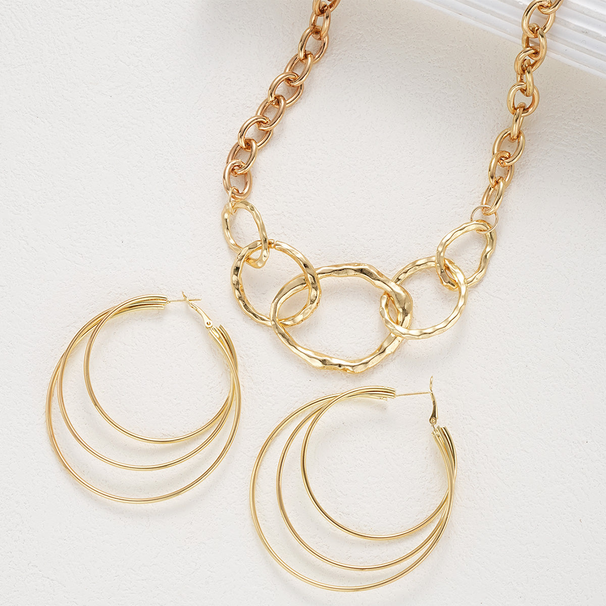 Chunky Hammered Link Necklace & Hoop Earring Set