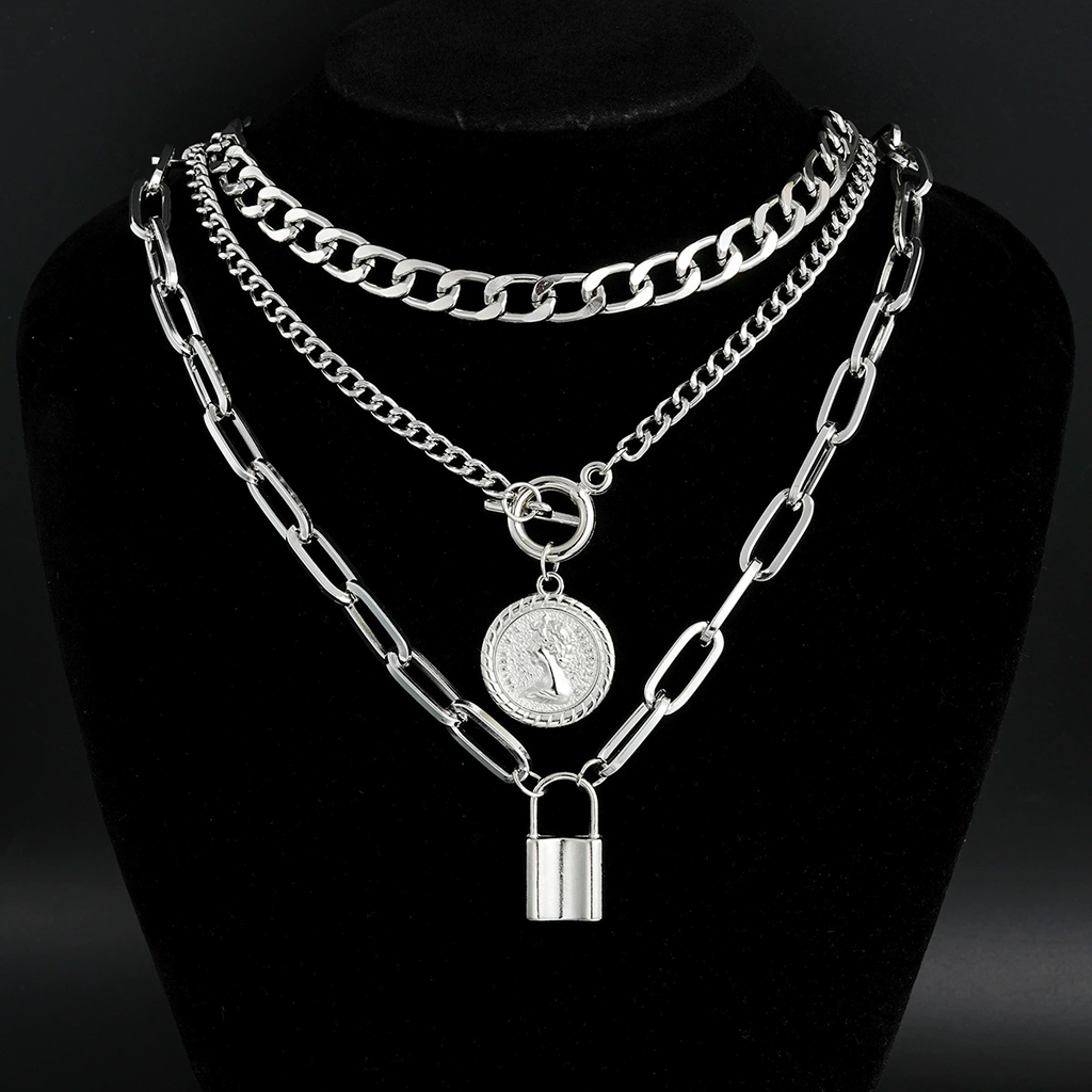 3pc Coin & Lock Pendant Chain Necklace Set