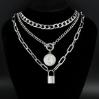 3pc Coin & Lock Pendant Chain Necklace Set