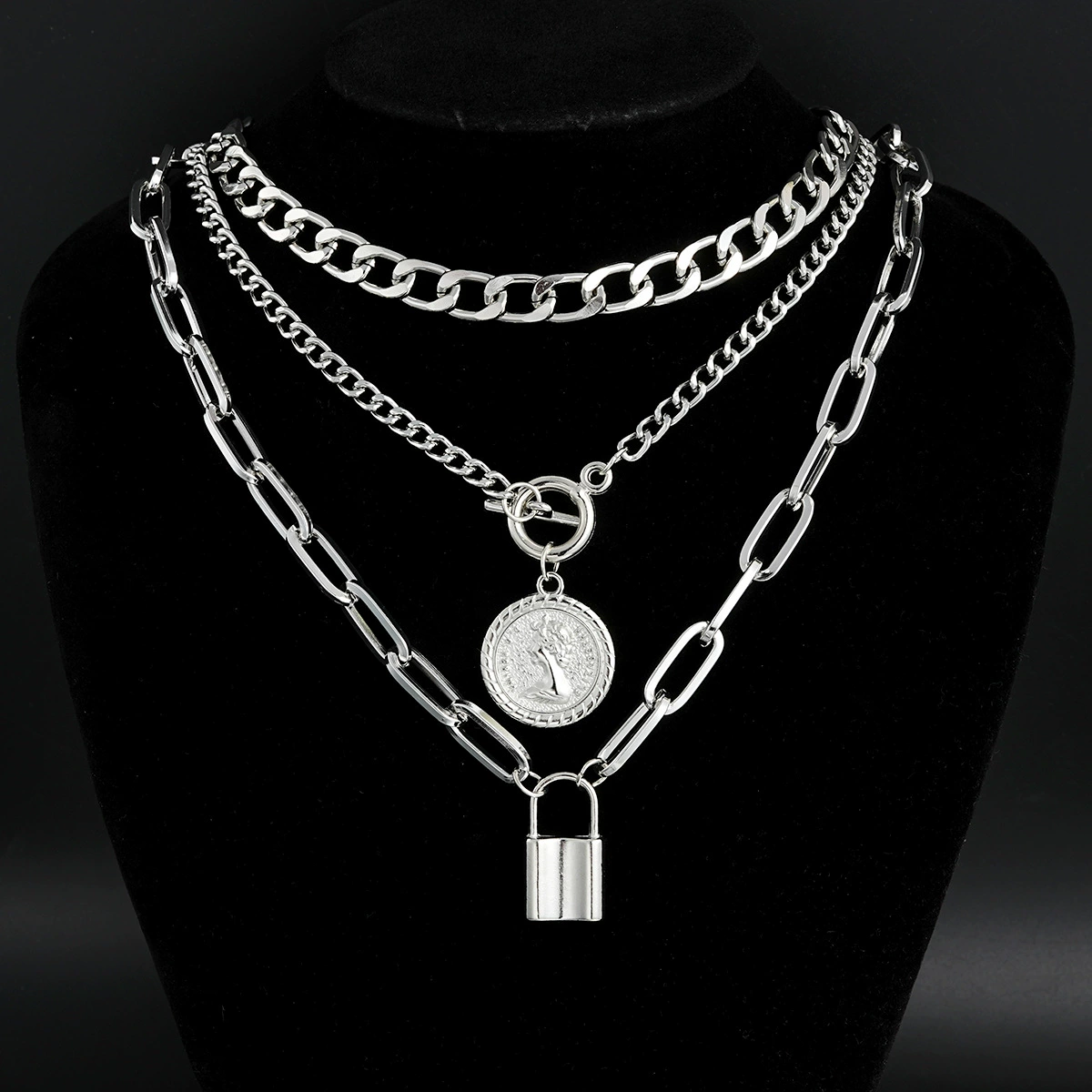 3pc Coin & Lock Pendant Chain Necklace Set