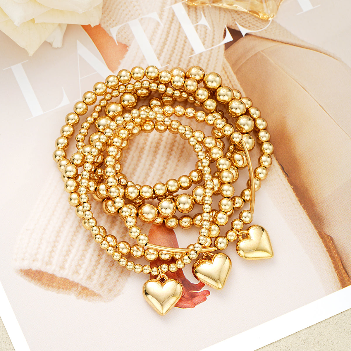 7pc Gold Beaded Heart Charm Bracelet Set