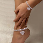 2pc Rhinestone Heart Anklet & Bracelet Set