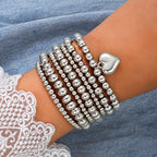 7pc Silver Heart Charm Beaded Bracelet Set