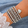 7pc Silver Heart Charm Beaded Bracelet Set