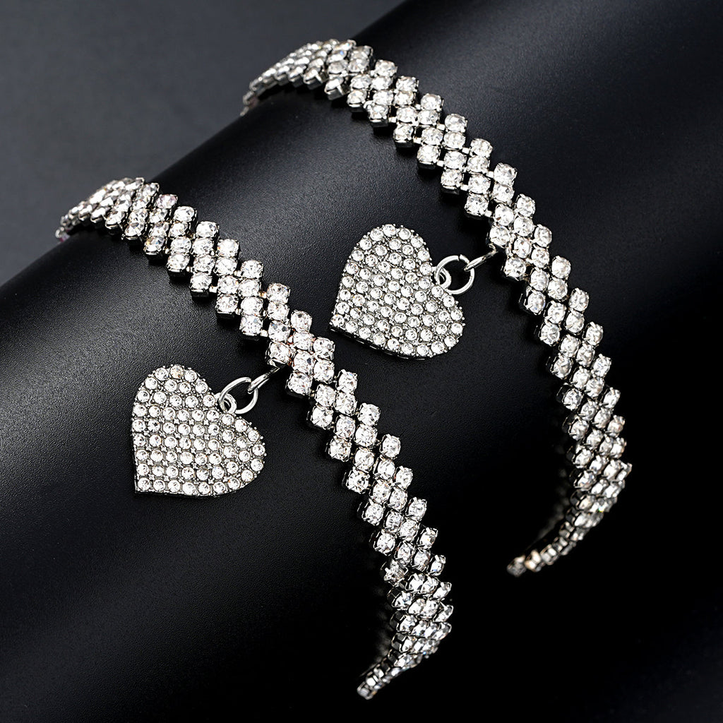 2pc Rhinestone Heart Anklet & Bracelet Set