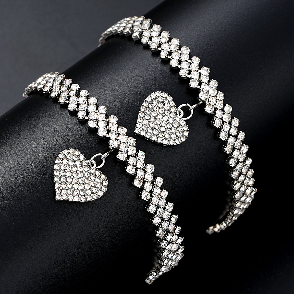 2pc Rhinestone Heart Anklet & Bracelet Set