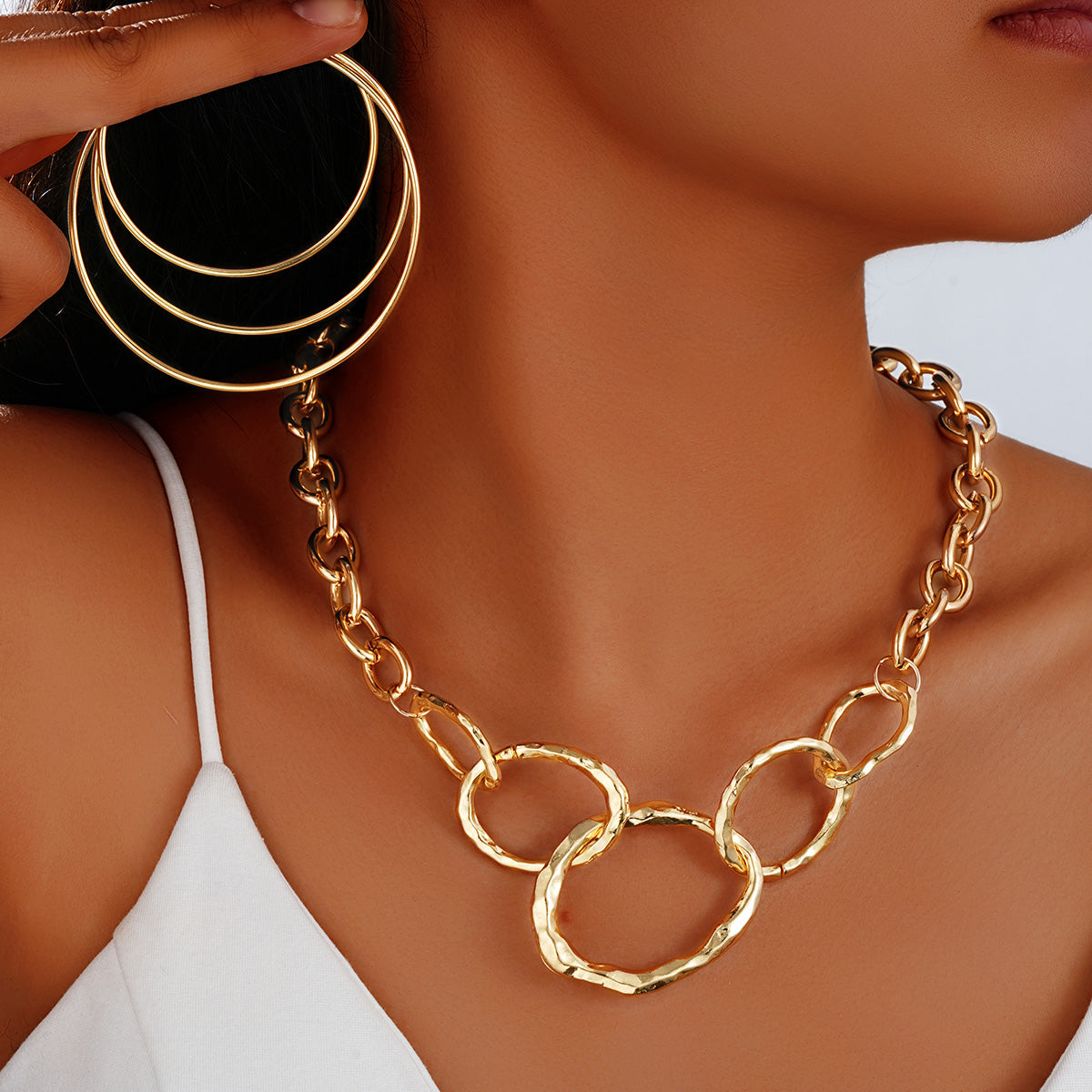 Chunky Hammered Link Necklace & Hoop Earring Set