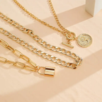 3pc Coin & Lock Pendant Chain Necklace Set
