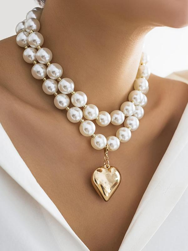 2pc Chunky Pearl Beaded Heart Necklace Set