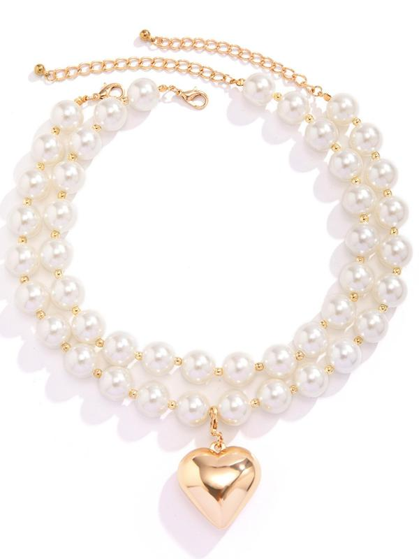 2pc Chunky Pearl Beaded Heart Necklace Set