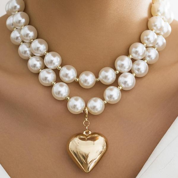 2pc Chunky Pearl Beaded Heart Necklace Set